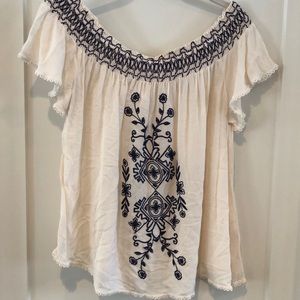 Cream and Navy Short-sleeved Peasant Top